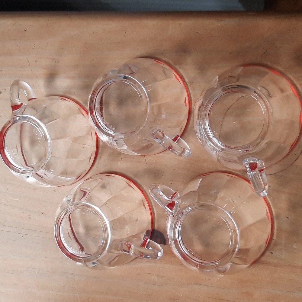Vintage Duralex Picardie set of 5 red-rimmed punch-bowl/espresso glasses - Picture 3 of 5